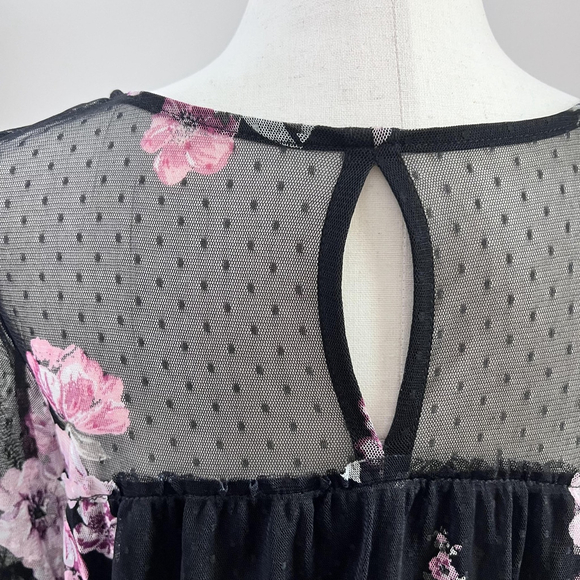 Sheer Floral Mesh Womens Top Black Pink Bell Sleeve Whimsigoth Fairy Grunge Boho - Picture 8 of 9